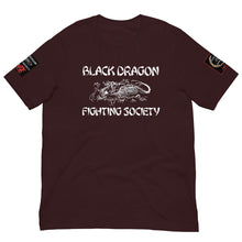 Load image into Gallery viewer, Black Dragon Fighting Society Kumite with arm patches Unisex t-shirt in Choice of colors.
