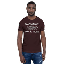 Load image into Gallery viewer, Black Dragon Fighting Society Kumite with arm patches Unisex t-shirt in Choice of colors.
