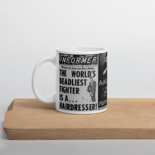 Load image into Gallery viewer, Deadliest Mn Alive is a Hair Dresser News  Headline Count Dante Walking his Lion &amp; Portrait  White glossy mug
