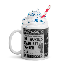 Load image into Gallery viewer, Deadliest Mn Alive is a Hair Dresser News  Headline Count Dante Walking his Lion &amp; Portrait  White glossy mug
