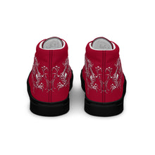 Load image into Gallery viewer, Black Dragon Fighting Society Women’s high top canvas shoes in Redwith white or black shell toe &amp; sneaker bottoms
