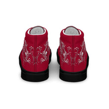Load image into Gallery viewer, Black Dragon Fighting Society Women’s high top canvas shoes in Redwith white or black shell toe &amp; sneaker bottoms
