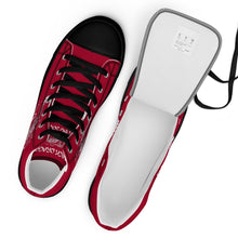 Load image into Gallery viewer, Black Dragon Fighting Society Women’s high top canvas shoes in Redwith white or black shell toe &amp; sneaker bottoms

