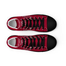 Load image into Gallery viewer, Black Dragon Fighting Society Women’s high top canvas shoes in Redwith white or black shell toe &amp; sneaker bottoms
