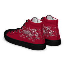 Load image into Gallery viewer, Black Dragon Fighting Society Women’s high top canvas shoes in Redwith white or black shell toe &amp; sneaker bottoms
