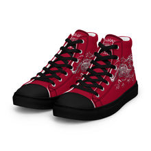 Load image into Gallery viewer, Black Dragon Fighting Society Women’s high top canvas shoes in Redwith white or black shell toe &amp; sneaker bottoms
