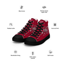 Load image into Gallery viewer, Black Dragon Fighting Society Women’s high top canvas shoes in Redwith white or black shell toe &amp; sneaker bottoms
