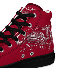 Load image into Gallery viewer, Black Dragon Fighting Society Women’s high top canvas shoes in Redwith white or black shell toe &amp; sneaker bottoms
