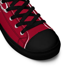 Load image into Gallery viewer, Black Dragon Fighting Society Women’s high top canvas shoes in Redwith white or black shell toe &amp; sneaker bottoms
