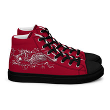 Load image into Gallery viewer, Black Dragon Fighting Society Women’s high top canvas shoes in Redwith white or black shell toe &amp; sneaker bottoms
