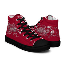 Load image into Gallery viewer, Black Dragon Fighting Society Women’s high top canvas shoes in Redwith white or black shell toe &amp; sneaker bottoms
