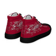 Load image into Gallery viewer, Black Dragon Fighting Society Women’s high top canvas shoes in Redwith white or black shell toe &amp; sneaker bottoms
