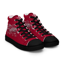 Load image into Gallery viewer, Black Dragon Fighting Society Women’s high top canvas shoes in Redwith white or black shell toe &amp; sneaker bottoms
