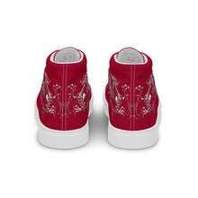 Load image into Gallery viewer, Black Dragon Fighting Society Women’s high top canvas shoes in Redwith white or black shell toe &amp; sneaker bottoms
