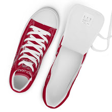 Load image into Gallery viewer, Black Dragon Fighting Society Women’s high top canvas shoes in Redwith white or black shell toe &amp; sneaker bottoms
