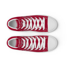 Load image into Gallery viewer, Black Dragon Fighting Society Women’s high top canvas shoes in Redwith white or black shell toe &amp; sneaker bottoms
