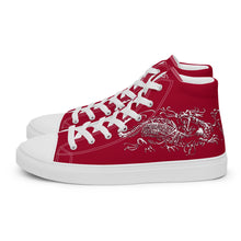 Load image into Gallery viewer, Black Dragon Fighting Society Women’s high top canvas shoes in Redwith white or black shell toe &amp; sneaker bottoms
