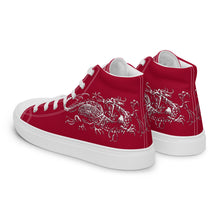 Load image into Gallery viewer, Black Dragon Fighting Society Women’s high top canvas shoes in Redwith white or black shell toe &amp; sneaker bottoms
