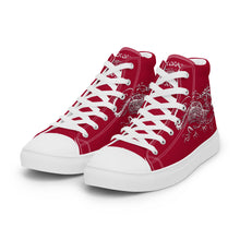 Load image into Gallery viewer, Black Dragon Fighting Society Women’s high top canvas shoes in Redwith white or black shell toe &amp; sneaker bottoms
