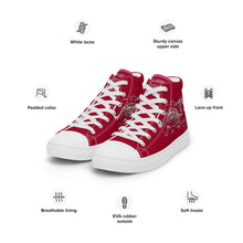 Load image into Gallery viewer, Black Dragon Fighting Society Women’s high top canvas shoes in Redwith white or black shell toe &amp; sneaker bottoms
