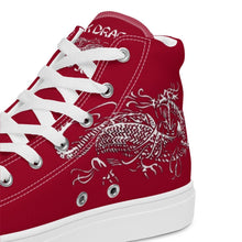 Load image into Gallery viewer, Black Dragon Fighting Society Women’s high top canvas shoes in Redwith white or black shell toe &amp; sneaker bottoms
