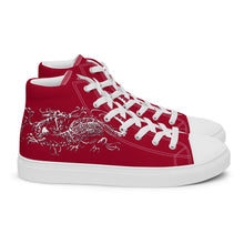 Load image into Gallery viewer, Black Dragon Fighting Society Women’s high top canvas shoes in Redwith white or black shell toe &amp; sneaker bottoms
