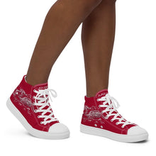 Load image into Gallery viewer, Black Dragon Fighting Society Women’s high top canvas shoes in Redwith white or black shell toe &amp; sneaker bottoms

