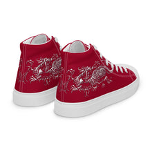 Load image into Gallery viewer, Black Dragon Fighting Society Women’s high top canvas shoes in Redwith white or black shell toe &amp; sneaker bottoms
